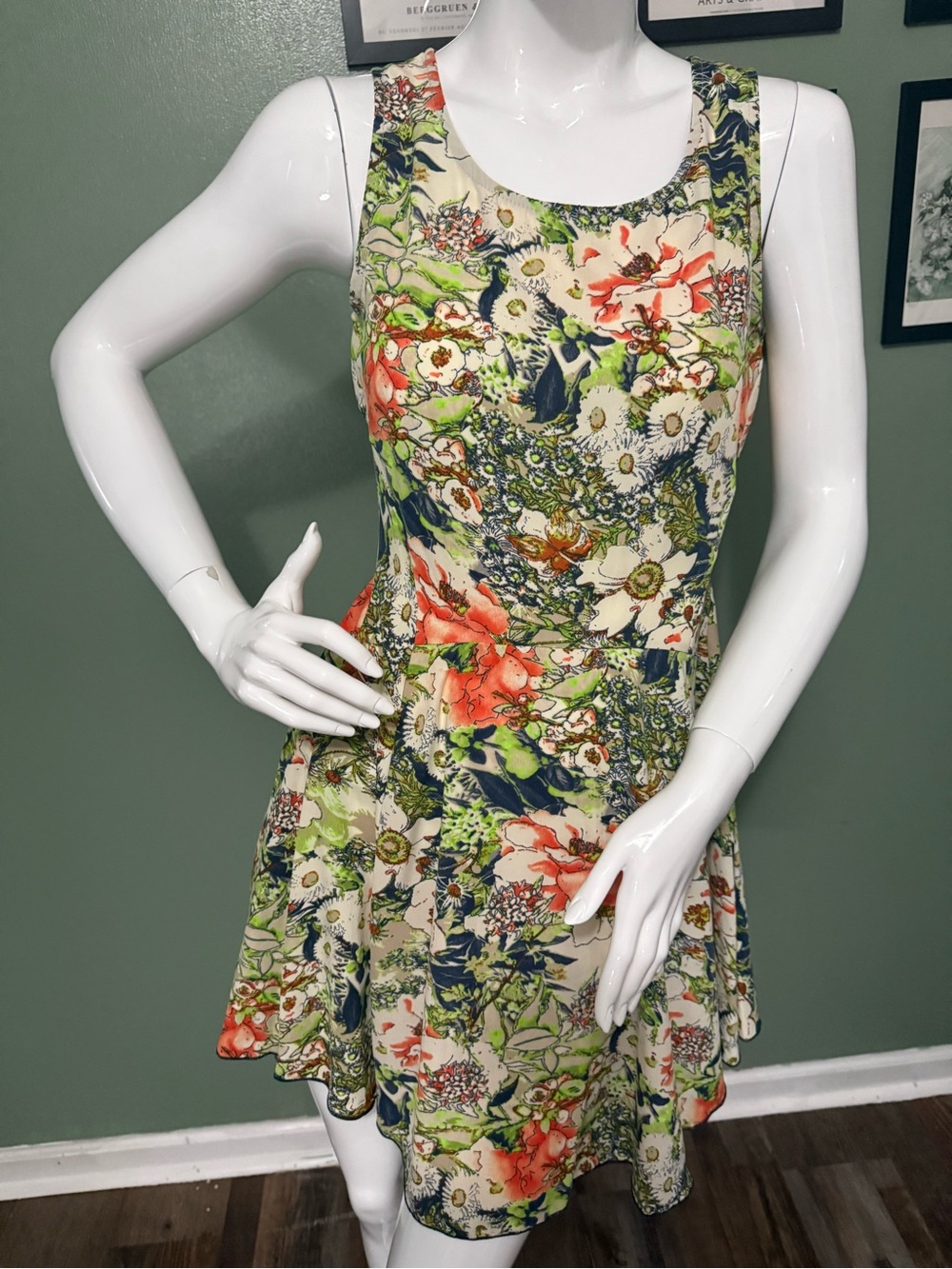 tea n rose Floral Sleeveless Fit-and-Flare Dress - Cream, Coral & Navy